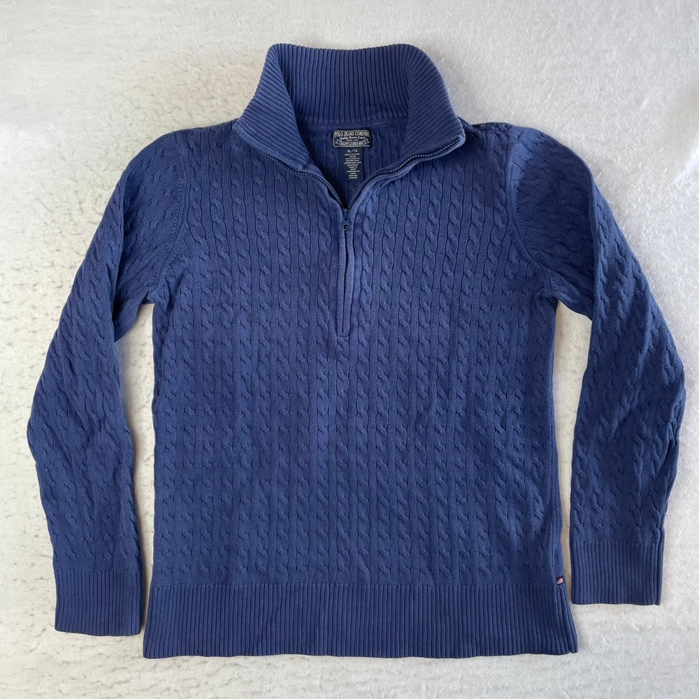 Polo Jeans Company Quarter Zip Sweater XL Blue‎ Cable Knit Cotton